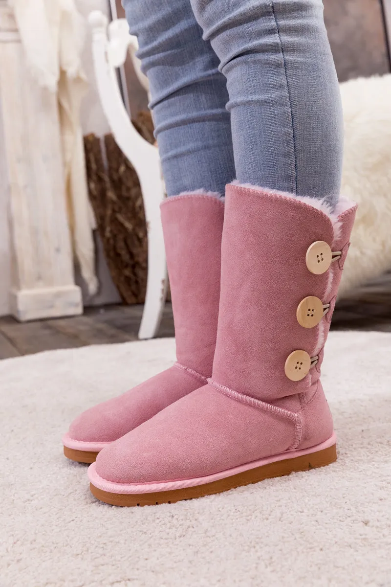 Side Button Faux Fur-Lined Leather Suede Boots