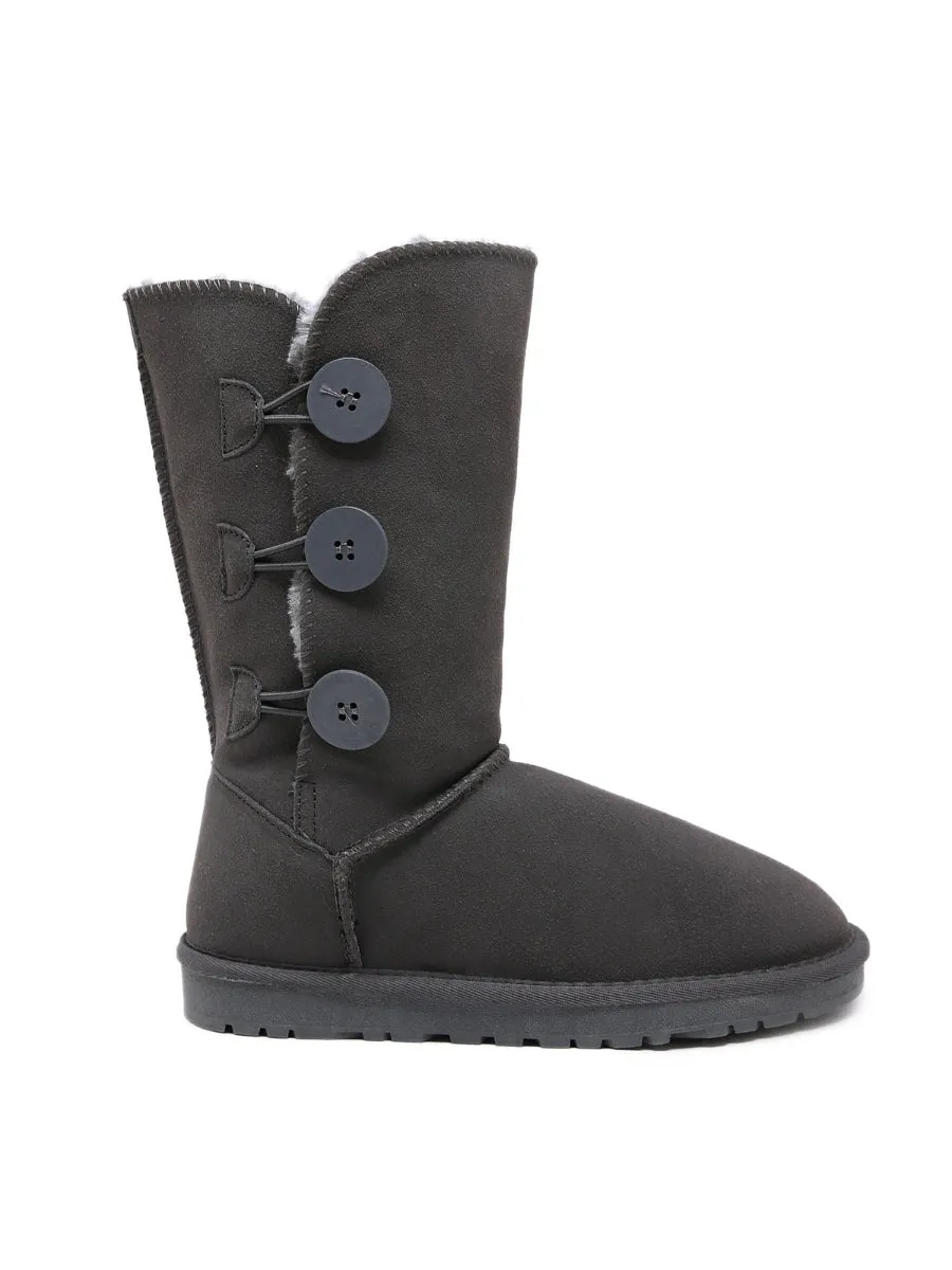 Side Button Faux Fur-Lined Leather Suede Boots
