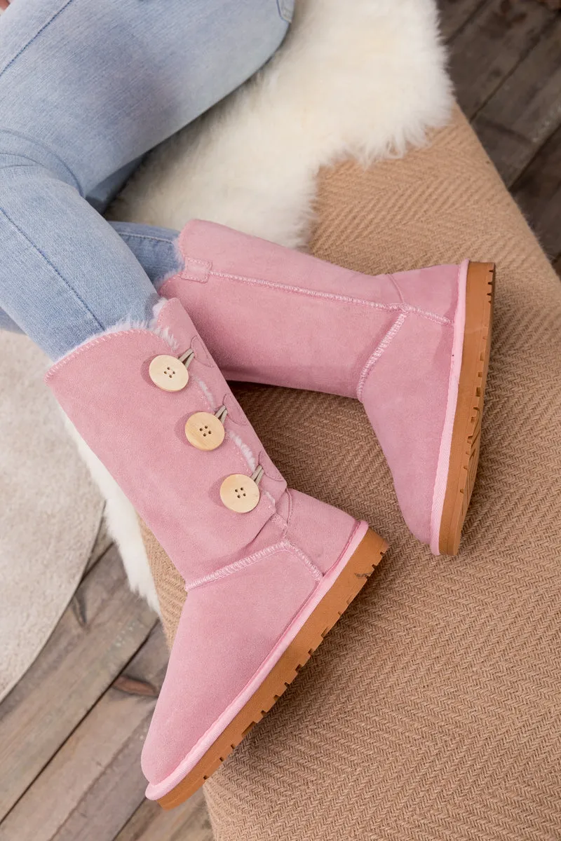 Side Button Faux Fur-Lined Leather Suede Boots