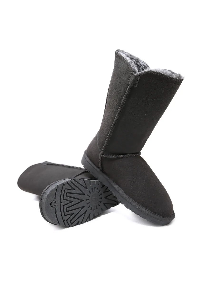 Side Button Faux Fur-Lined Leather Suede Boots