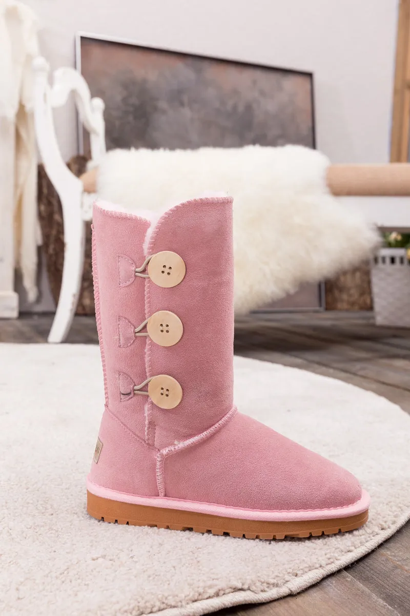 Side Button Faux Fur-Lined Leather Suede Boots