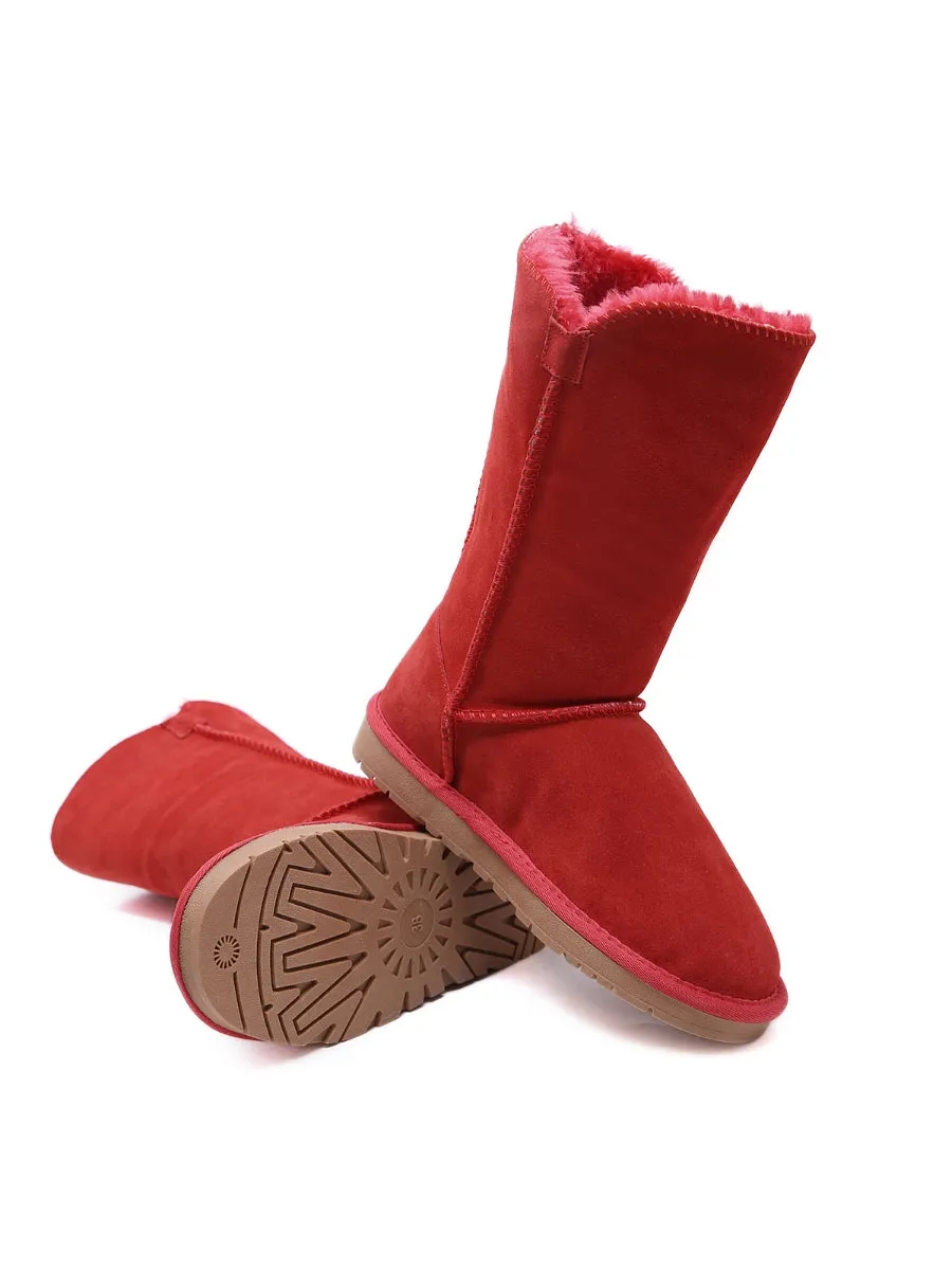 Side Button Faux Fur-Lined Leather Suede Boots
