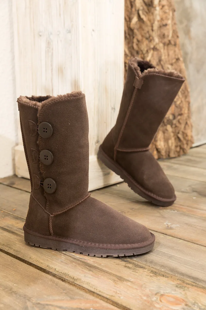 Side Button Faux Fur-Lined Leather Suede Boots