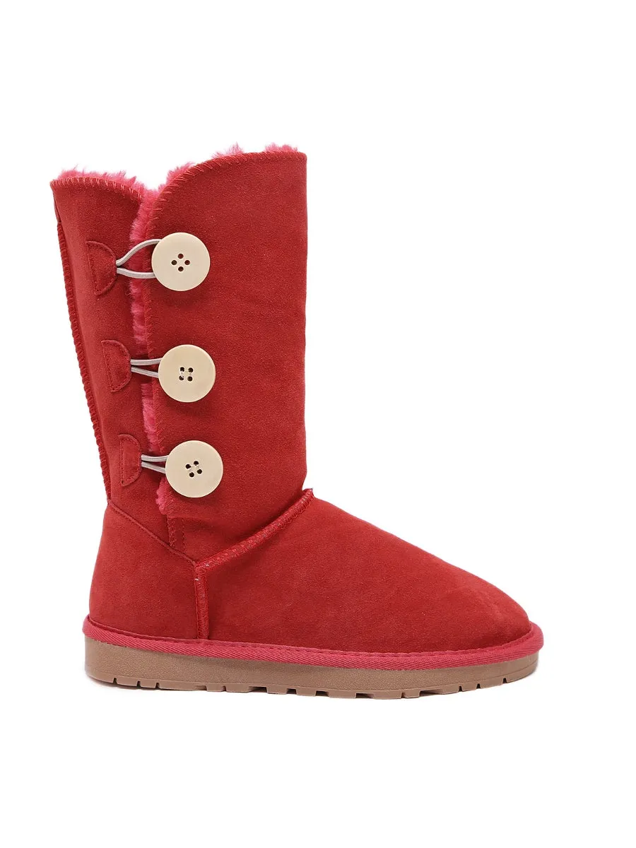 Side Button Faux Fur-Lined Leather Suede Boots