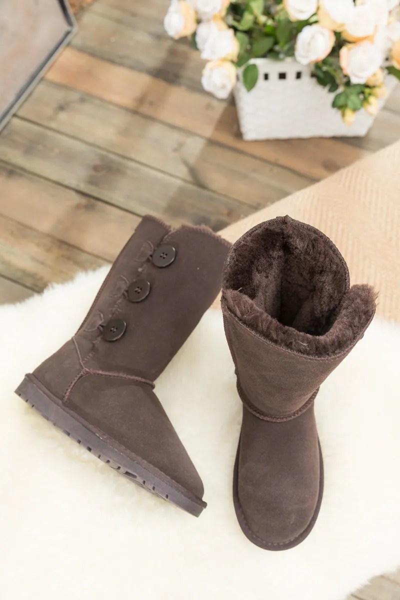 Side Button Faux Fur-Lined Leather Suede Boots