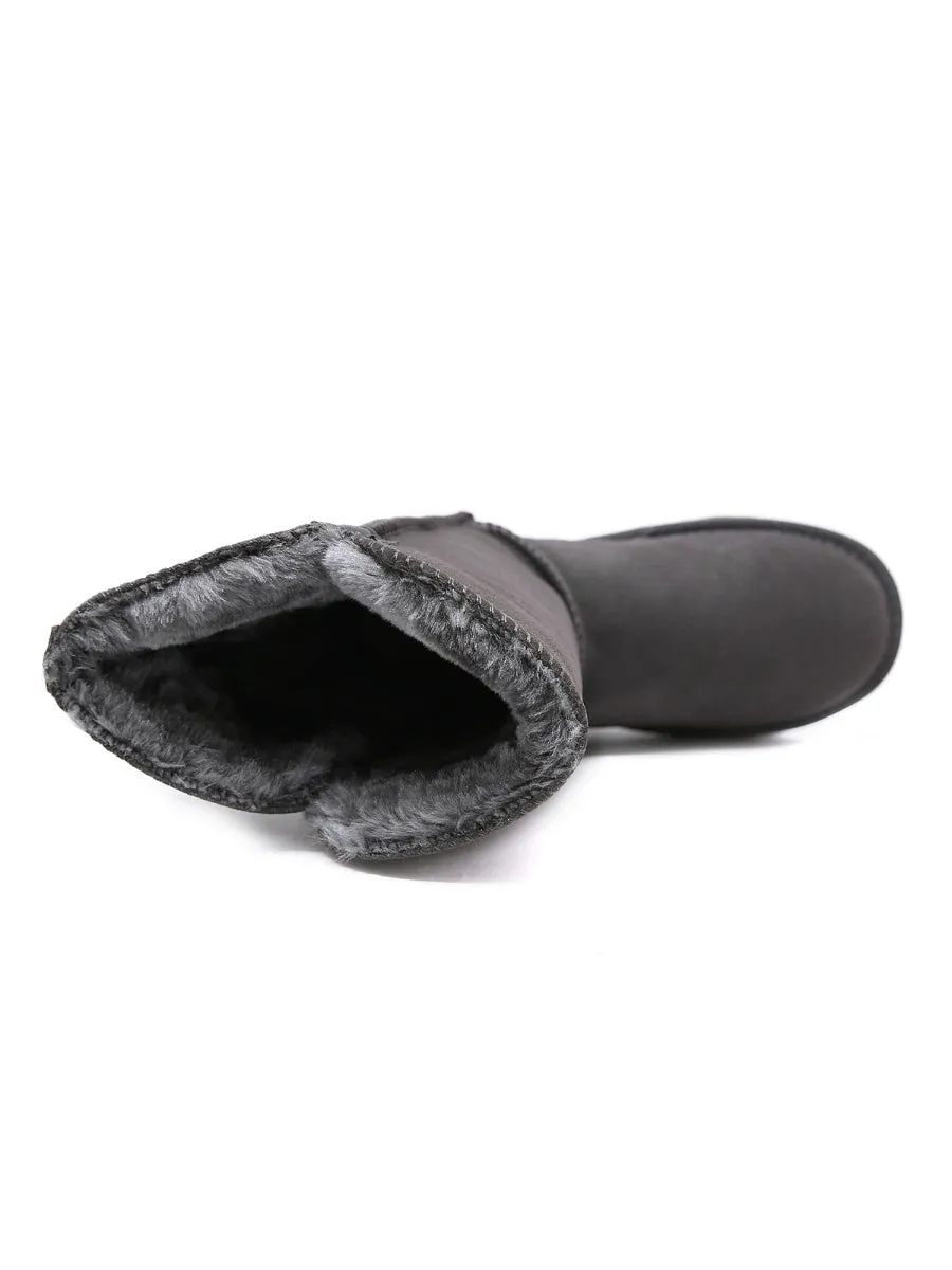 Side Button Faux Fur-Lined Leather Suede Boots