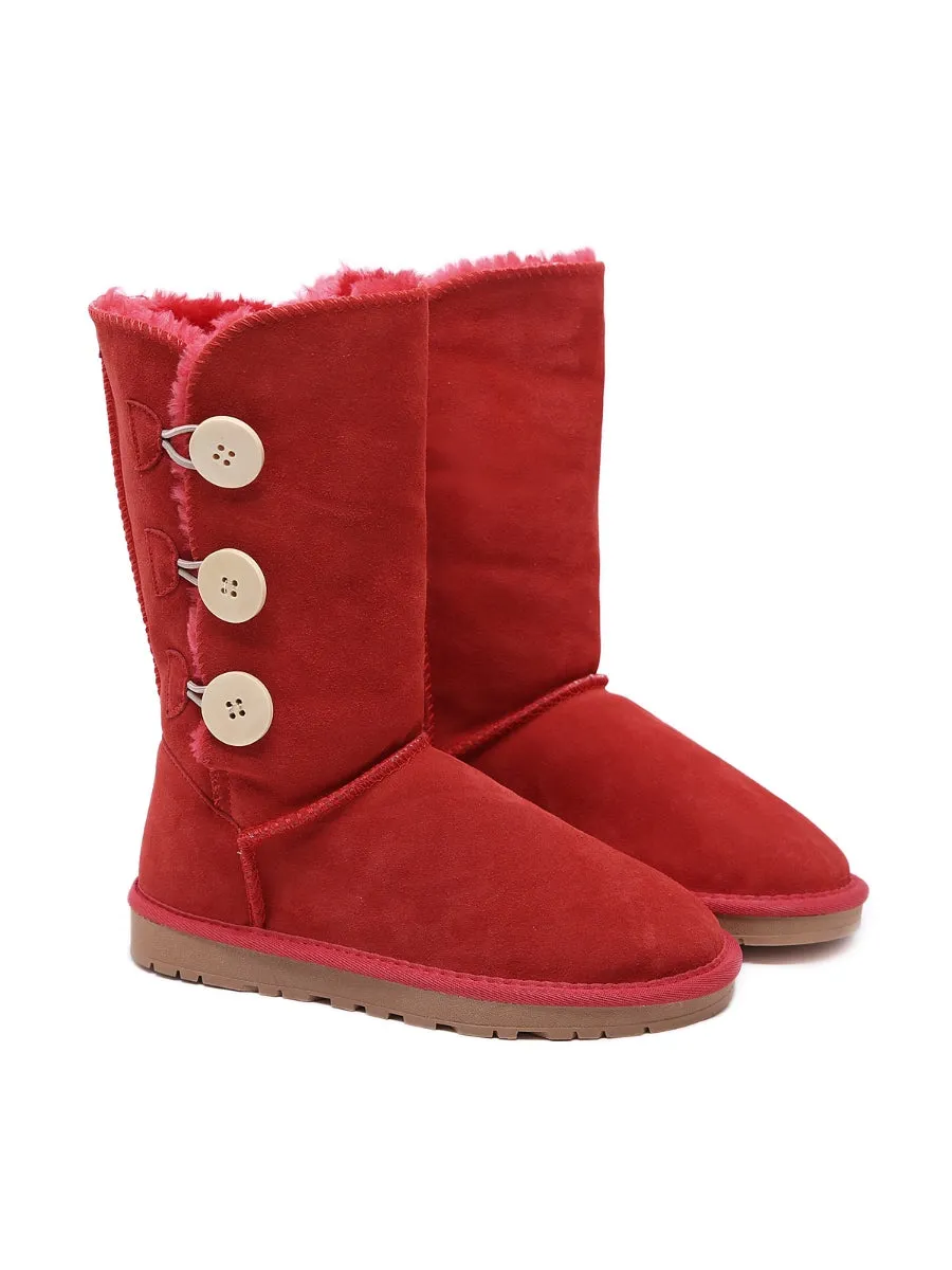 Side Button Faux Fur-Lined Leather Suede Boots