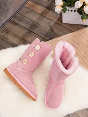Side Button Faux Fur-Lined Leather Suede Boots