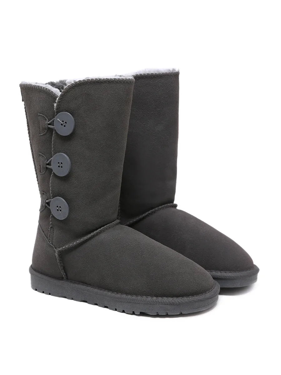 Side Button Faux Fur-Lined Leather Suede Boots