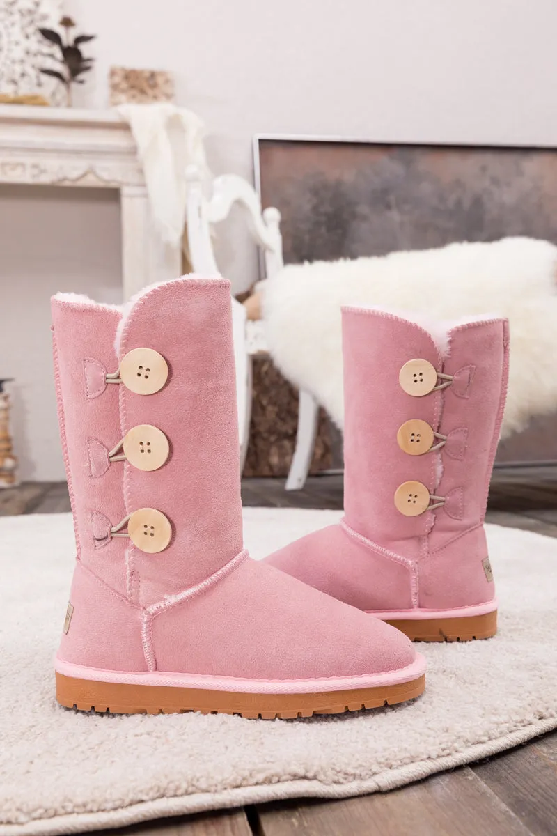 Side Button Faux Fur-Lined Leather Suede Boots