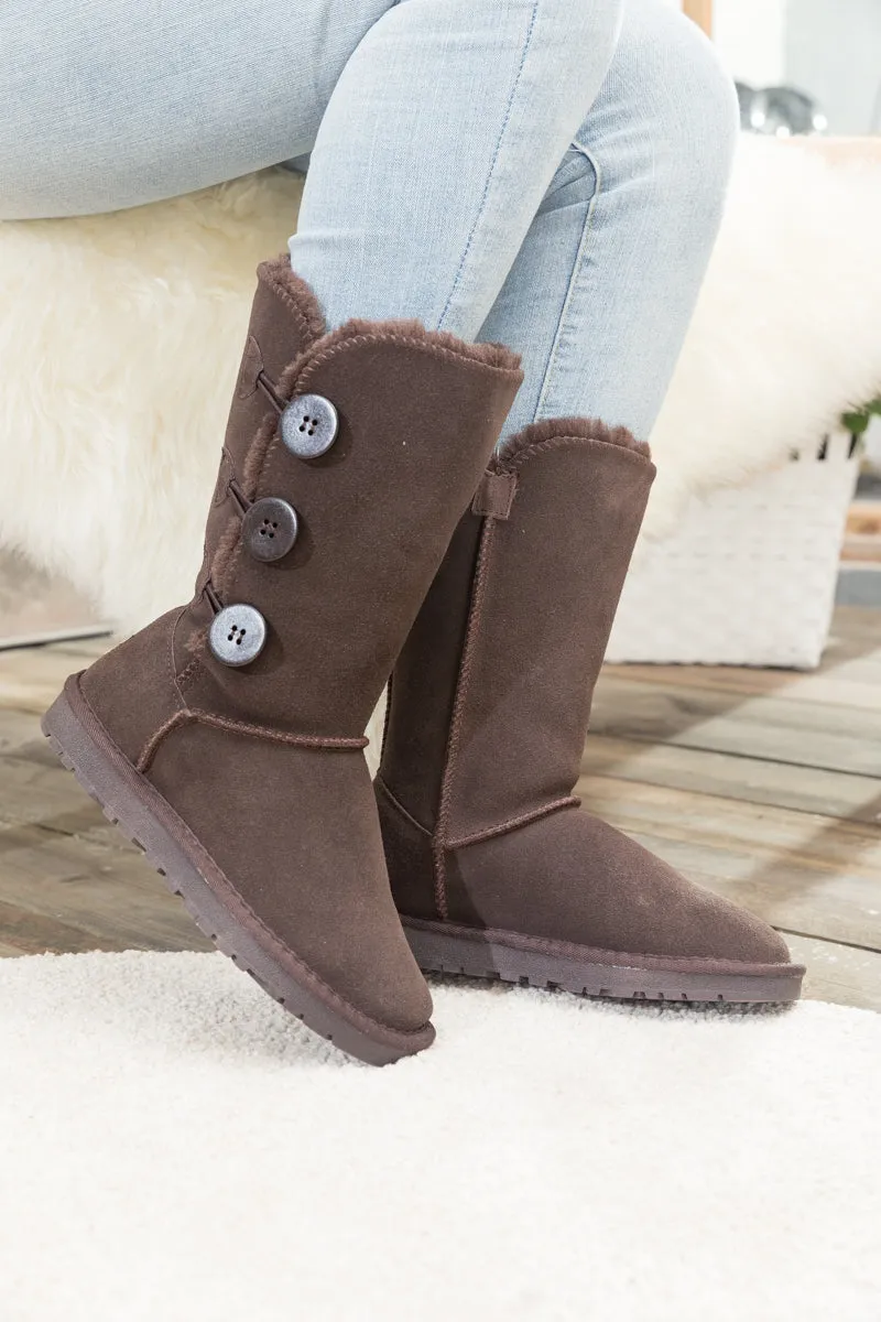 Side Button Faux Fur-Lined Leather Suede Boots