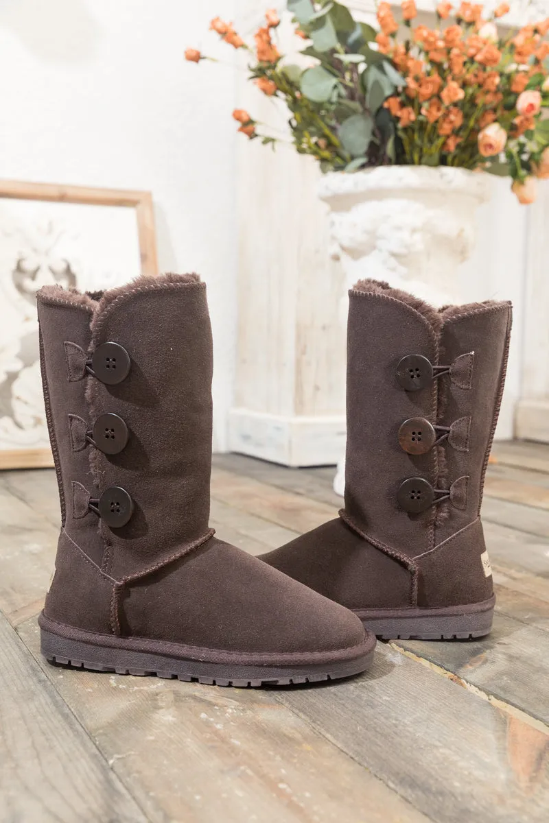 Side Button Faux Fur-Lined Leather Suede Boots