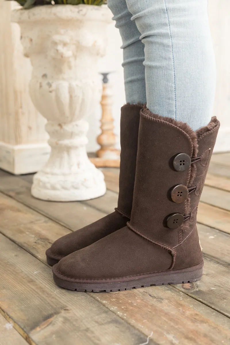 Side Button Faux Fur-Lined Leather Suede Boots