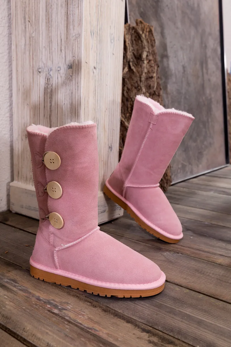 Side Button Faux Fur-Lined Leather Suede Boots
