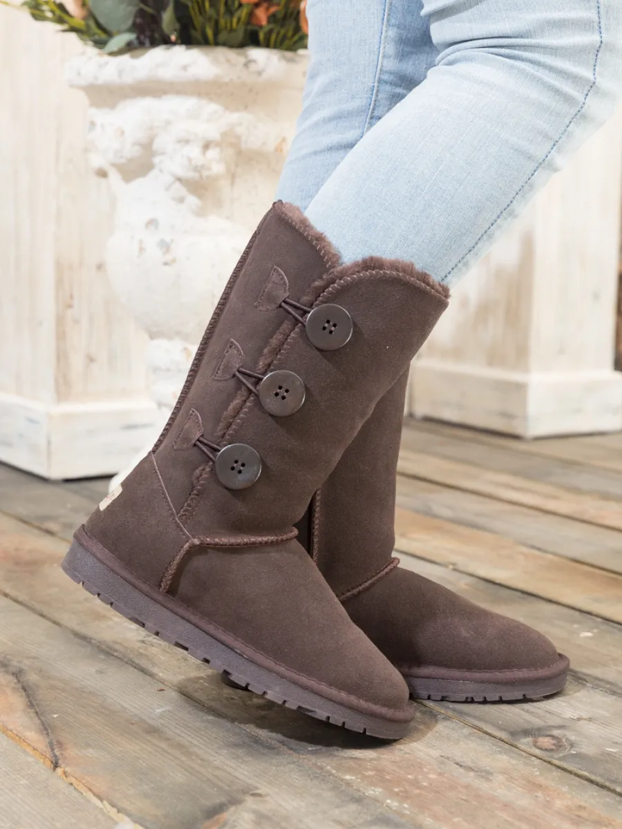 Side Button Faux Fur-Lined Leather Suede Boots