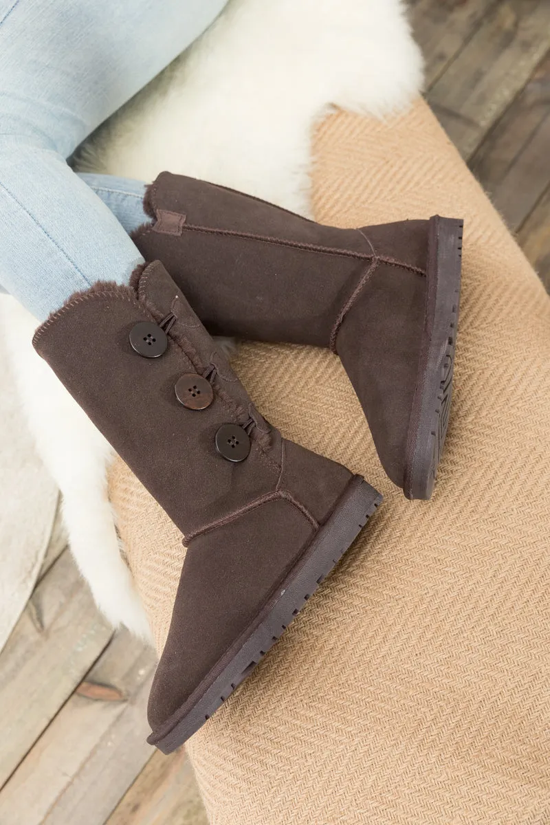 Side Button Faux Fur-Lined Leather Suede Boots