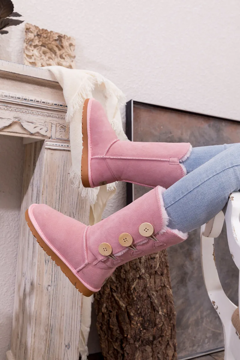 Side Button Faux Fur-Lined Leather Suede Boots