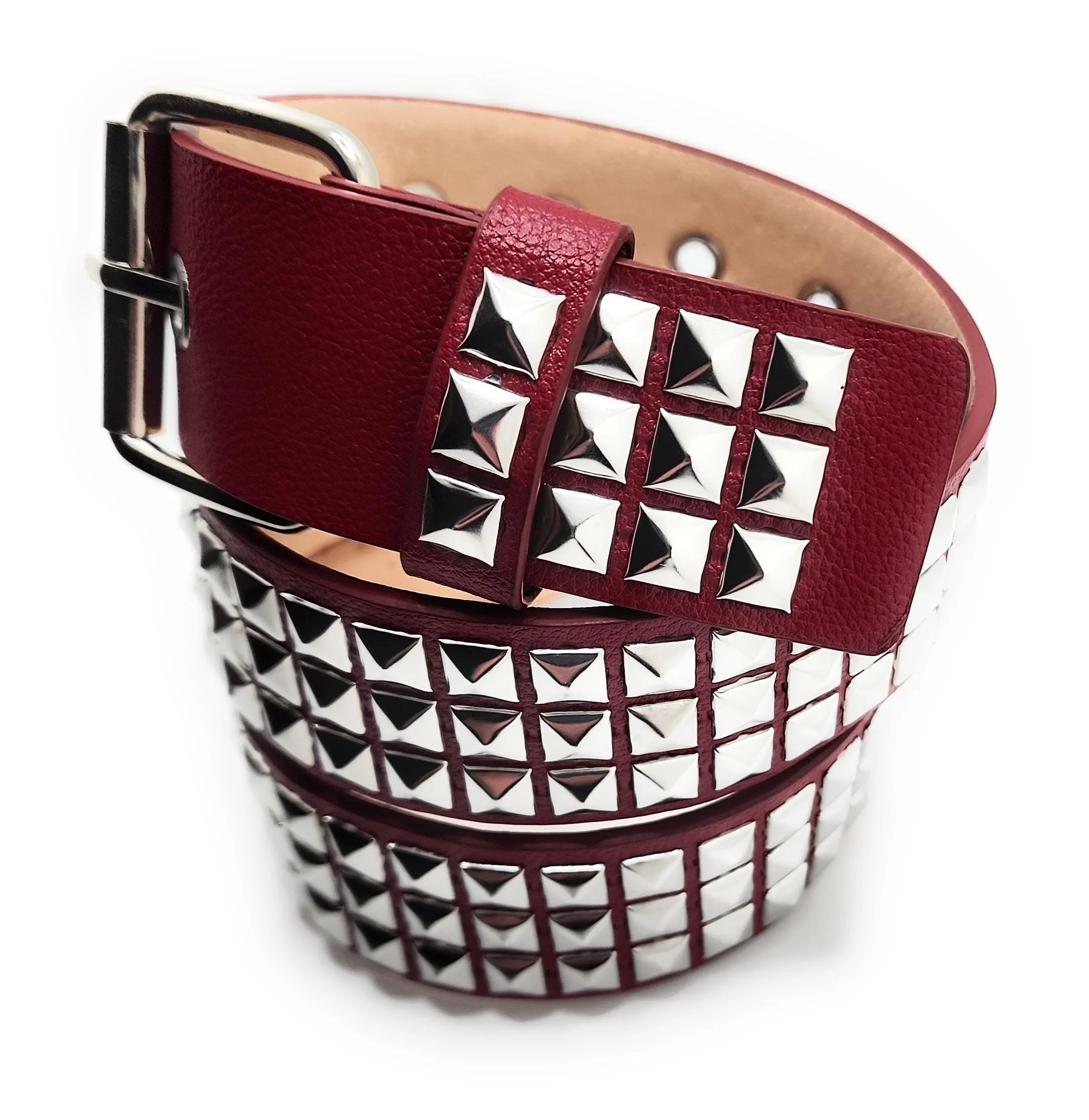 Silver on Dark Red Studded Belt Trim-to-Fit