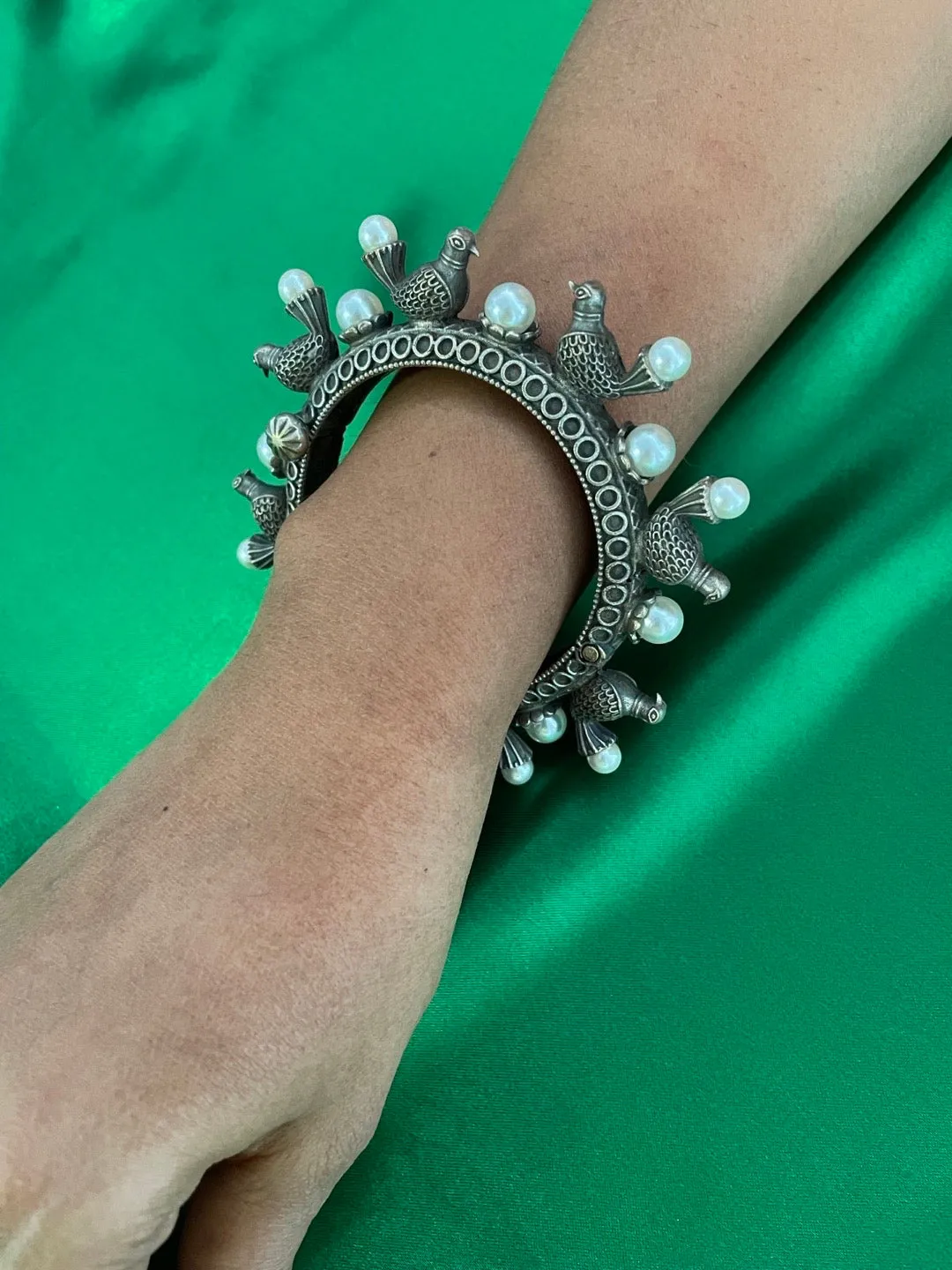 Silver Oxidized Birds with Pearl Design Bangle kadas