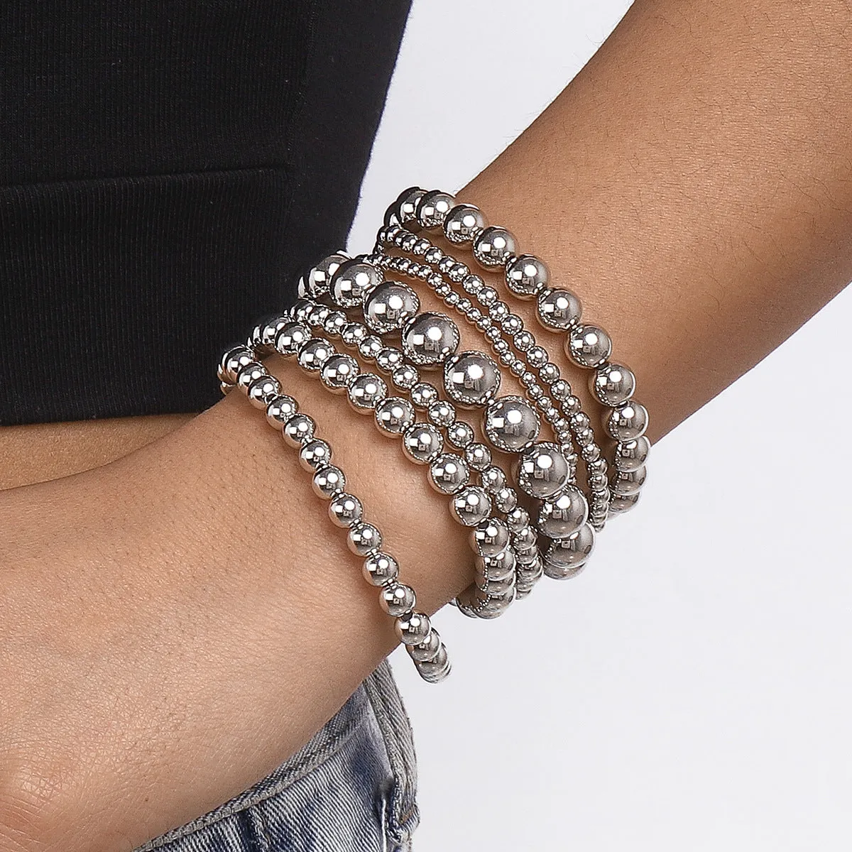 Silver-Plated Beaded Stretch Bracelet Set