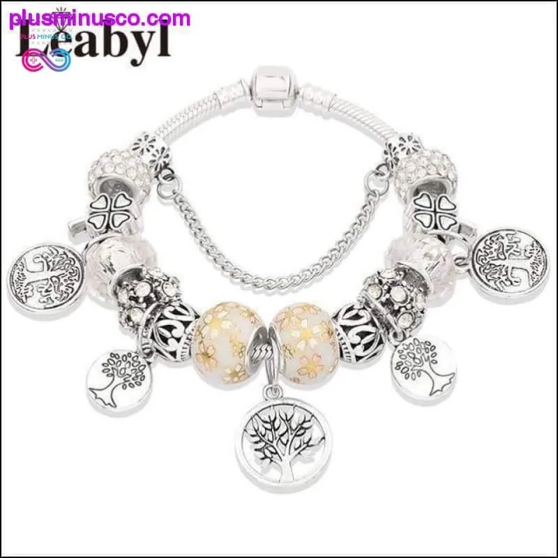 Silver Tree of Life Fashion Bead Bracelet Green Leaf Floral