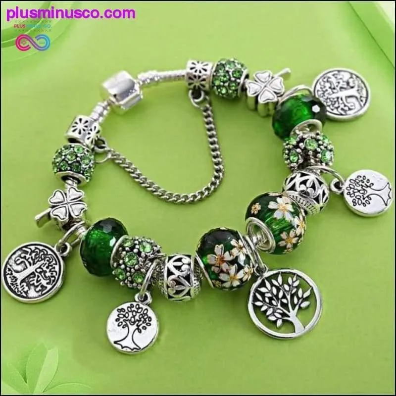 Silver Tree of Life Fashion Bead Bracelet Green Leaf Floral