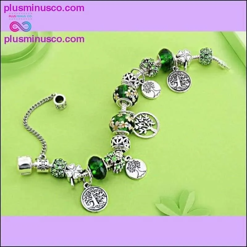 Silver Tree of Life Fashion Bead Bracelet Green Leaf Floral