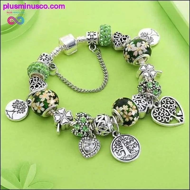 Silver Tree of Life Fashion Bead Bracelet Green Leaf Floral