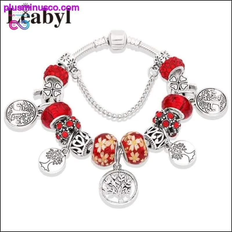 Silver Tree of Life Fashion Bead Bracelet Green Leaf Floral