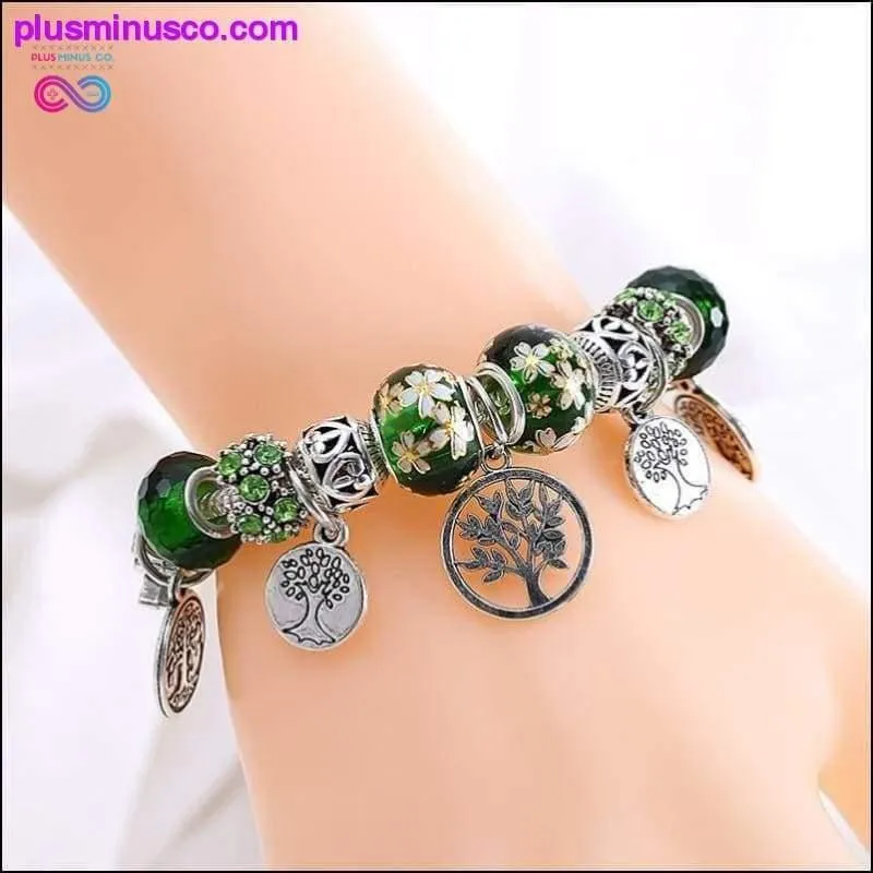 Silver Tree of Life Fashion Bead Bracelet Green Leaf Floral