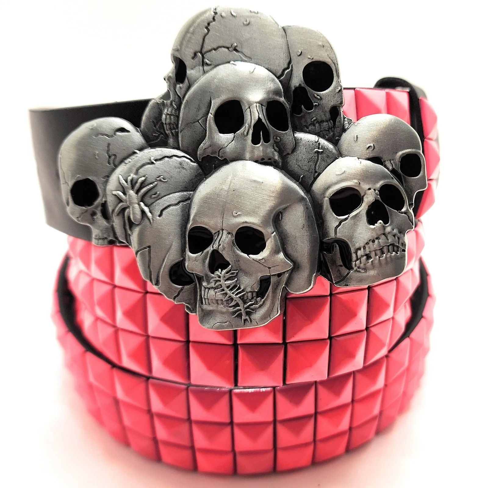 Skull Pile Belt Buckle and Pink Pyramid Studded Leather Belt
