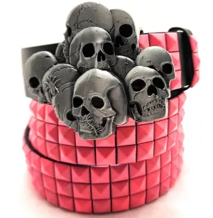 Skull Pile Belt Buckle and Pink Pyramid Studded Leather Belt