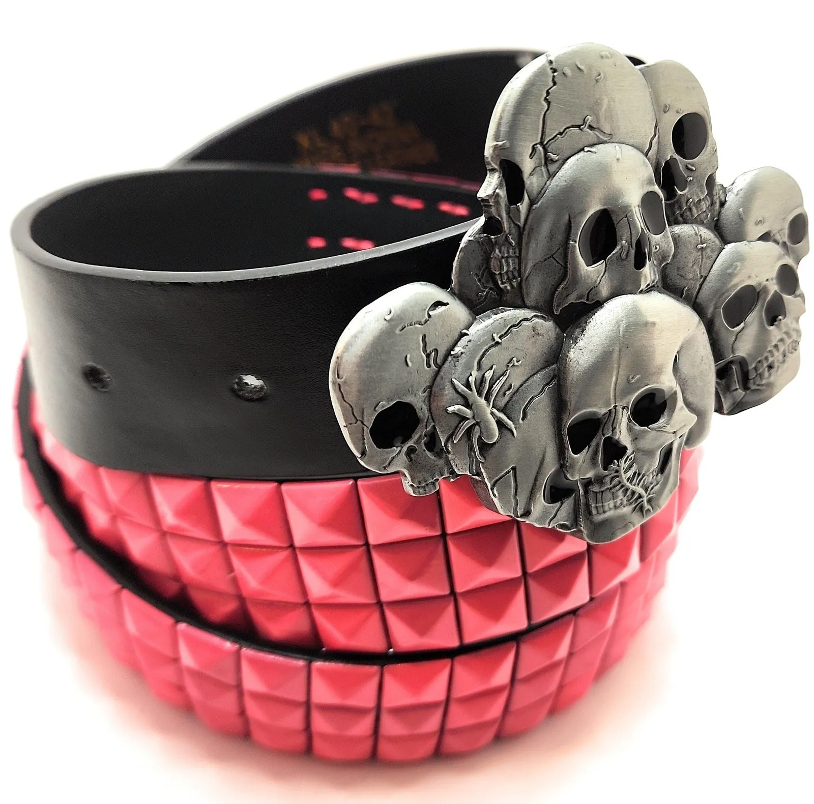 Skull Pile Belt Buckle and Pink Pyramid Studded Leather Belt