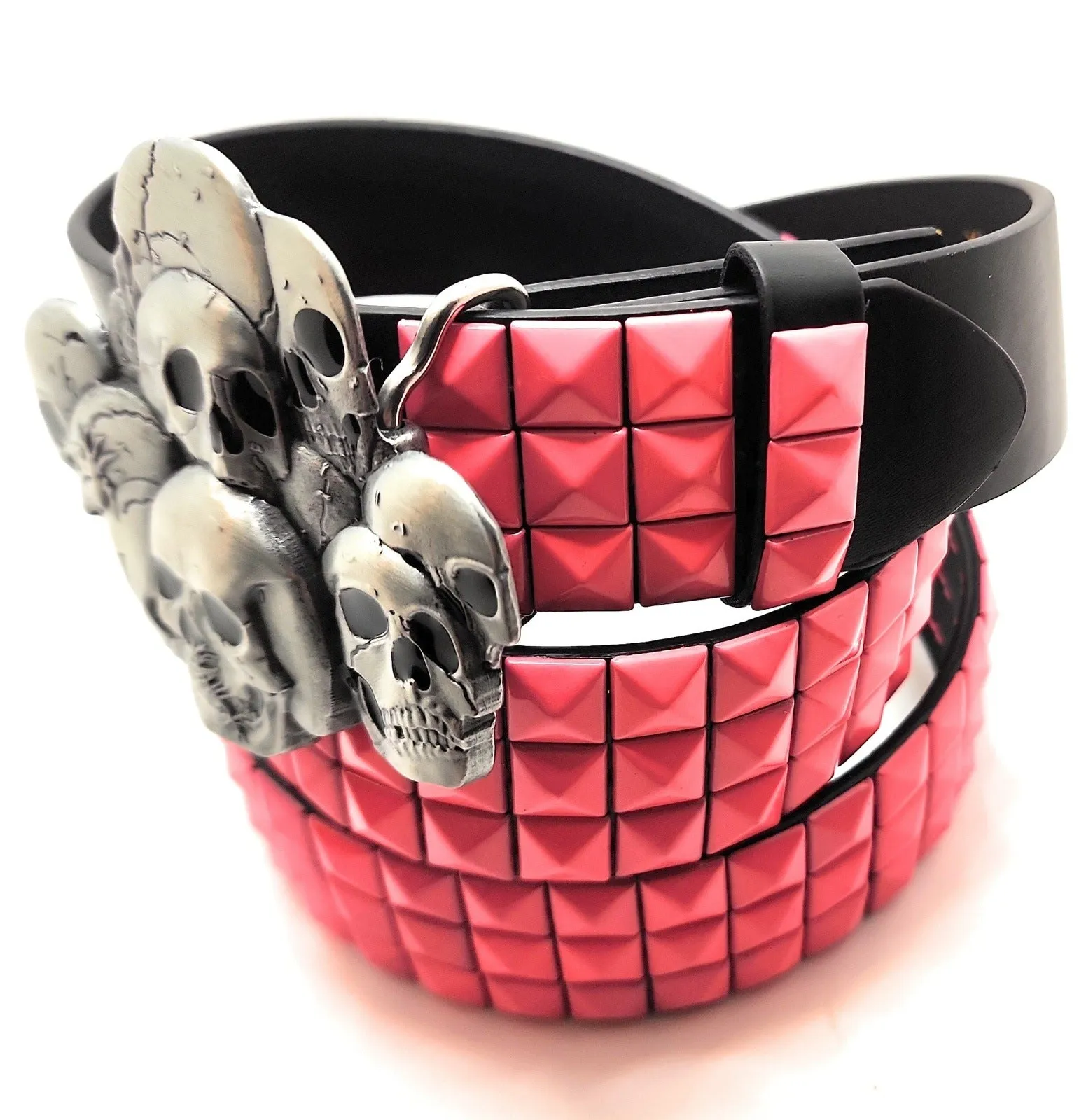 Skull Pile Belt Buckle and Pink Pyramid Studded Leather Belt