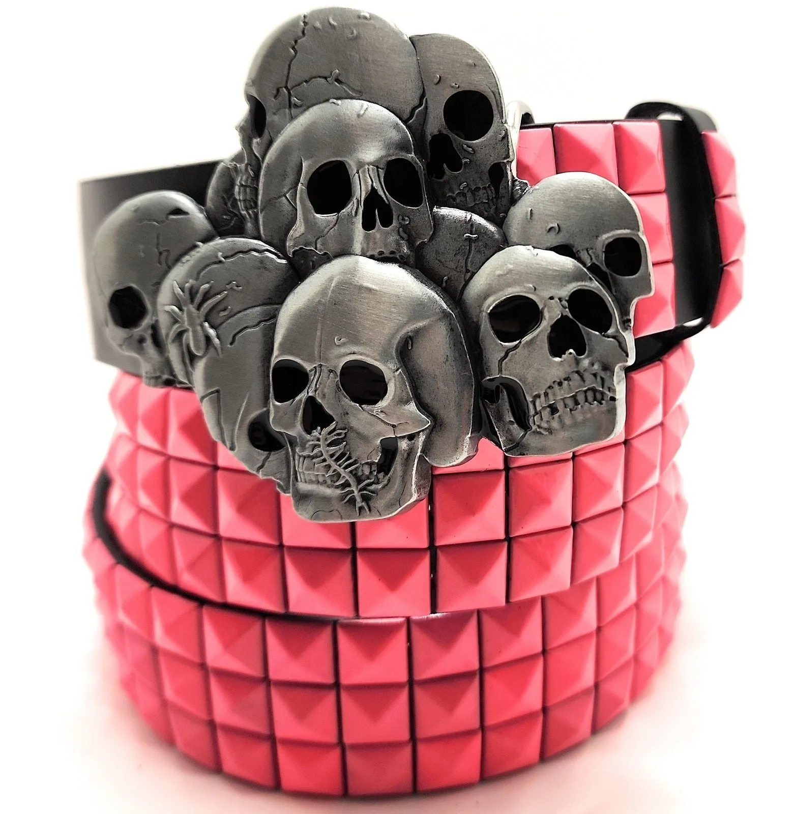 Skull Pile Belt Buckle and Pink Pyramid Studded Leather Belt
