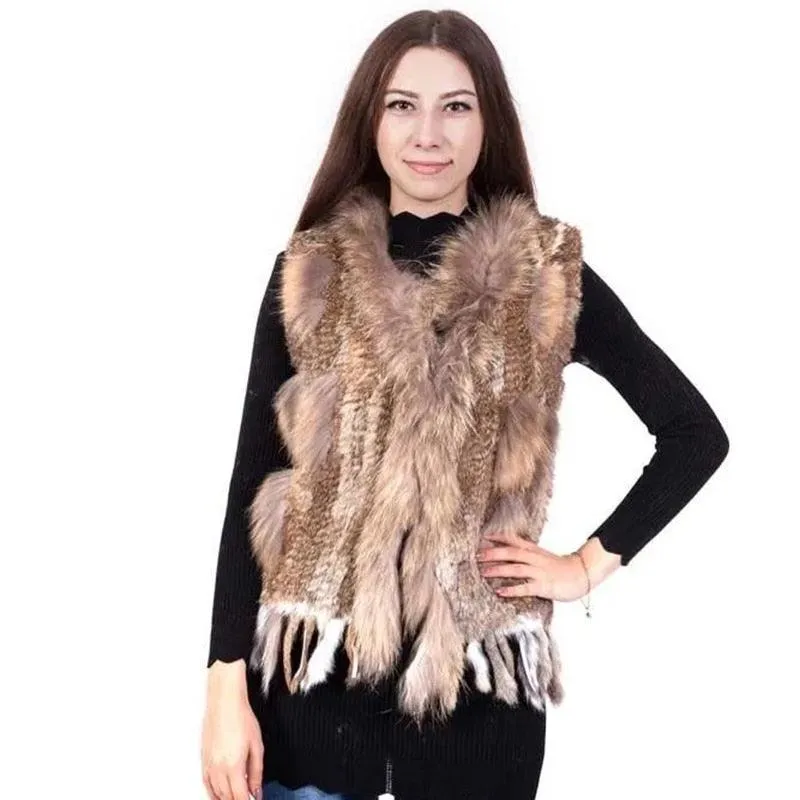 Sleeveless Vest with Fur Tassel and Natural Collar for High-End Women