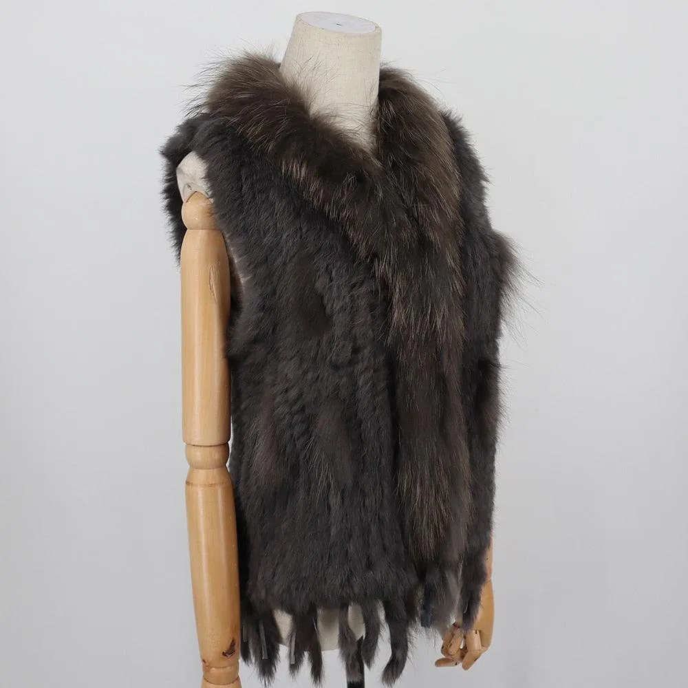 Sleeveless Vest with Fur Tassel and Natural Collar for High-End Women