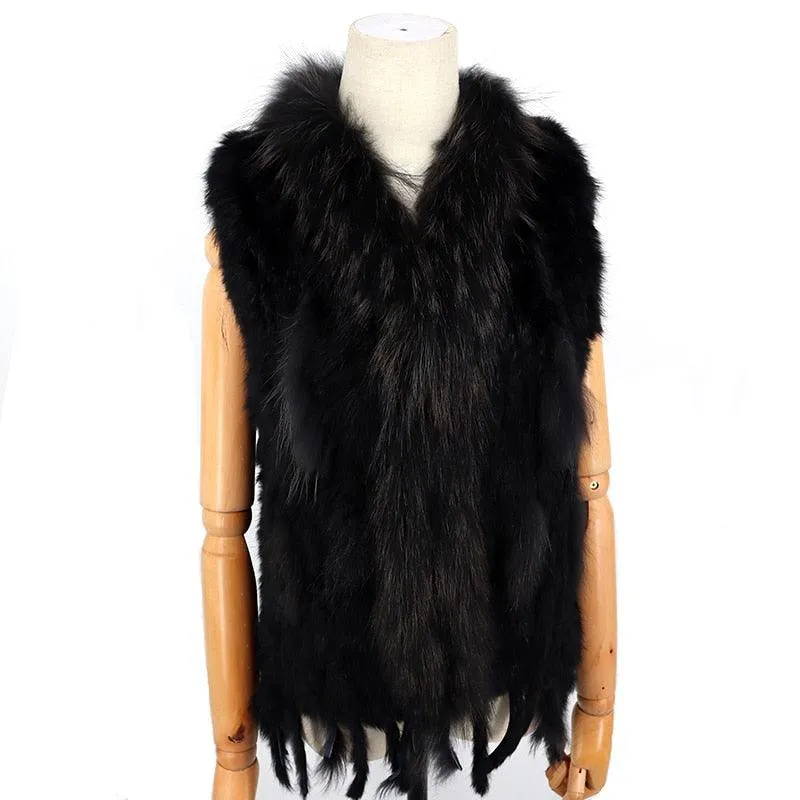 Sleeveless Vest with Fur Tassel and Natural Collar for High-End Women