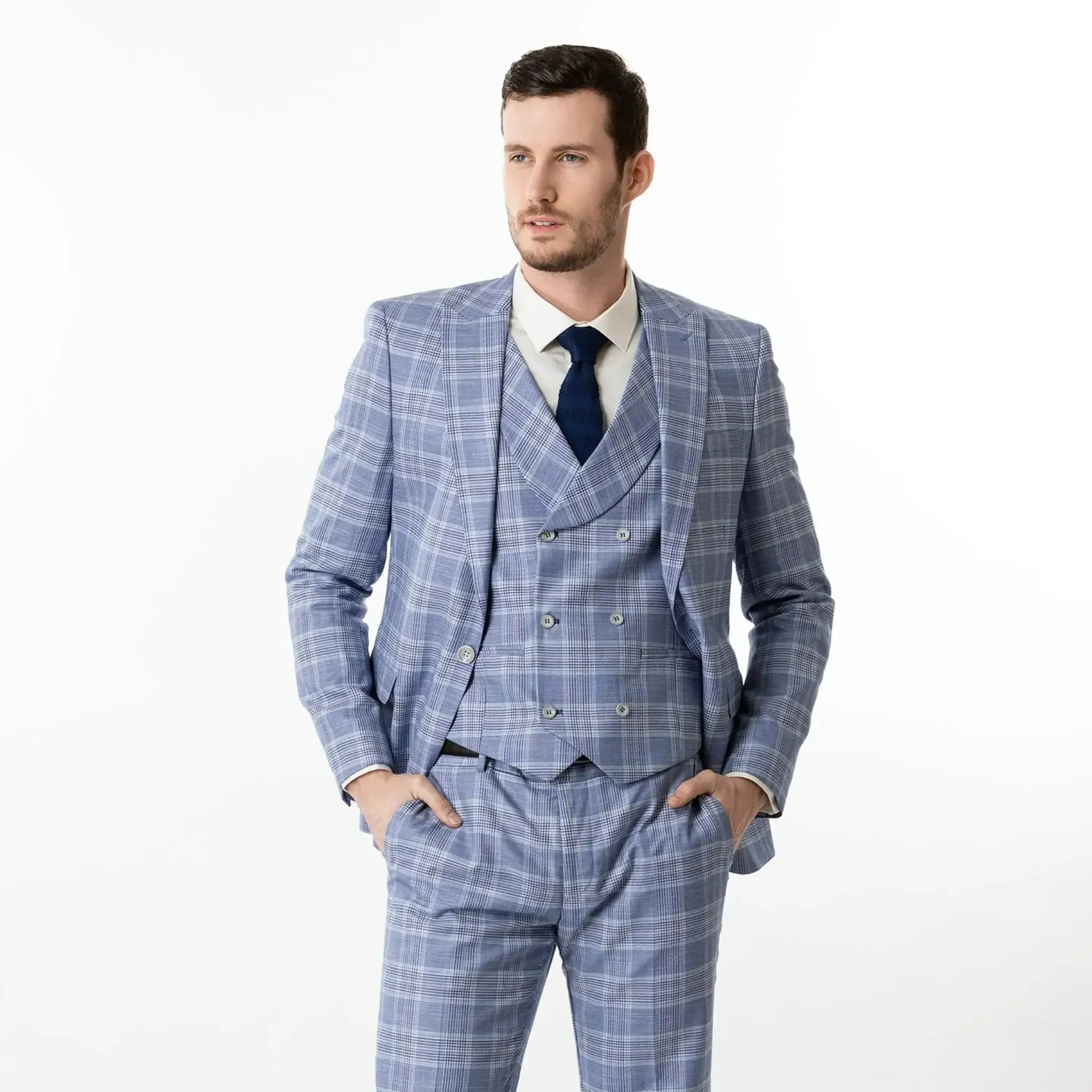 Slim Fit Blazer Blue and White Plaid