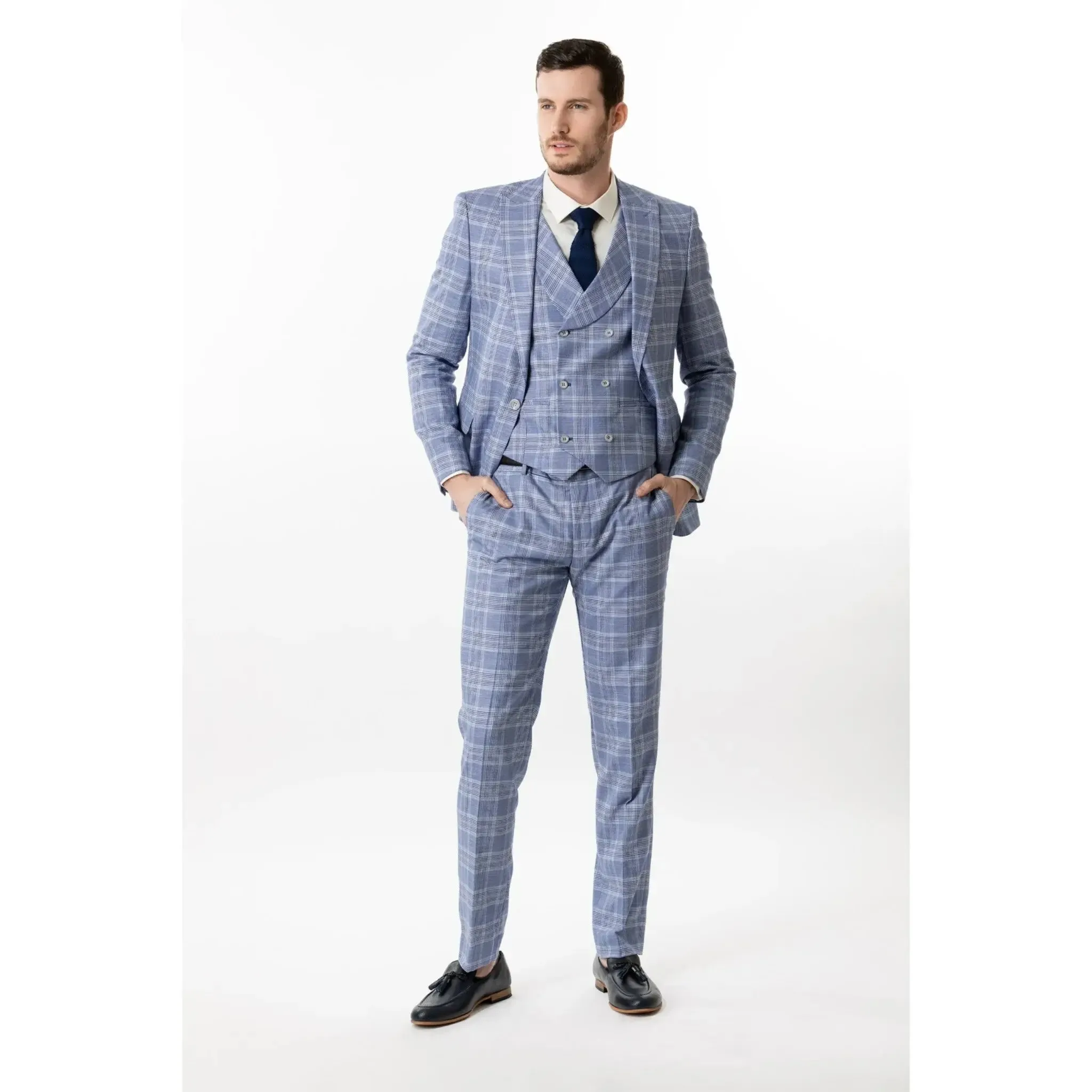 Slim Fit Trousers Blue And White Plaid