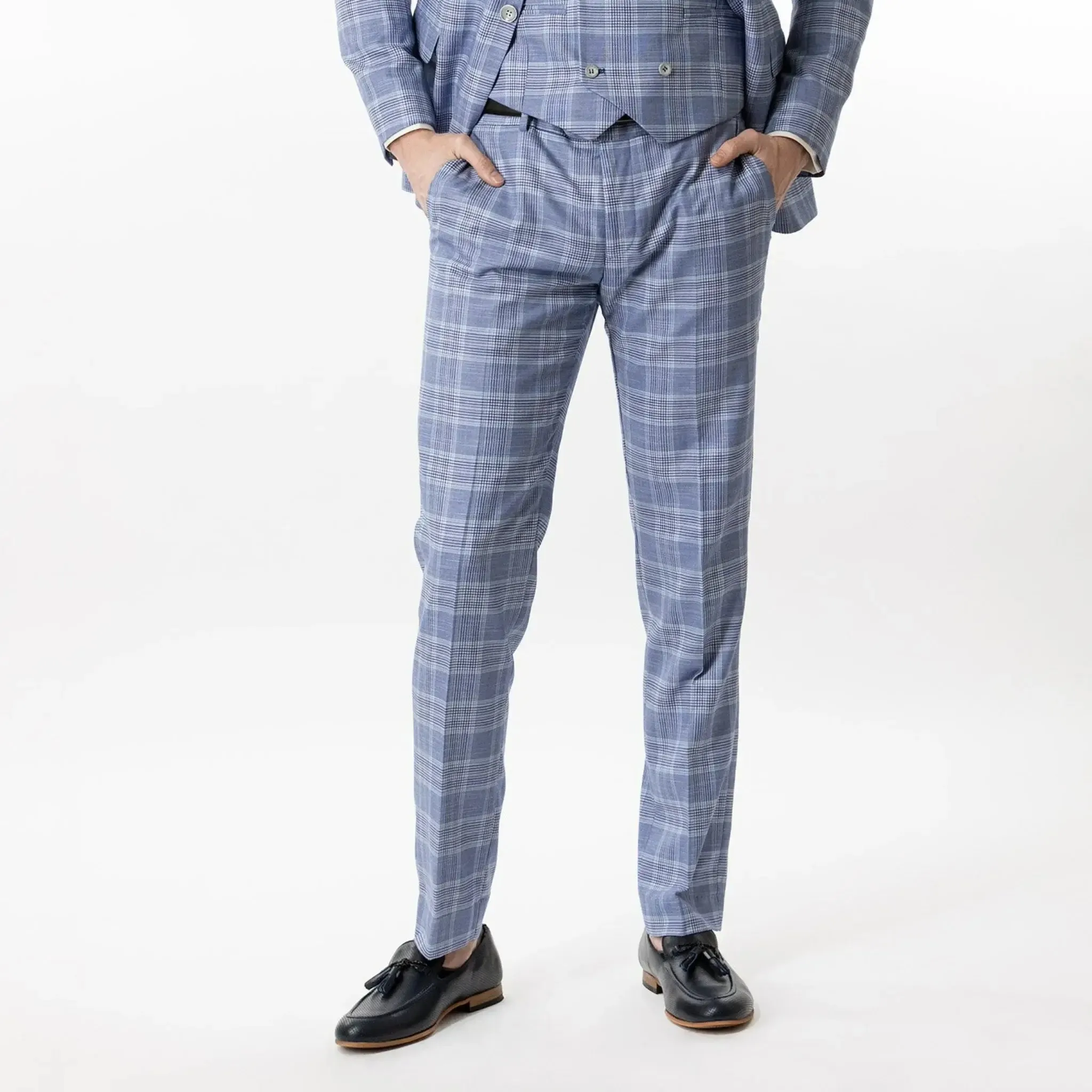 Slim Fit Trousers Blue And White Plaid