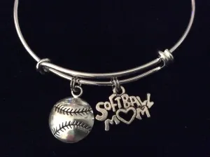 Softball Mom on a Silver Expandable Bangle Bracelet Sports Team Coach Gift Adjustable Wire Charm Bangle