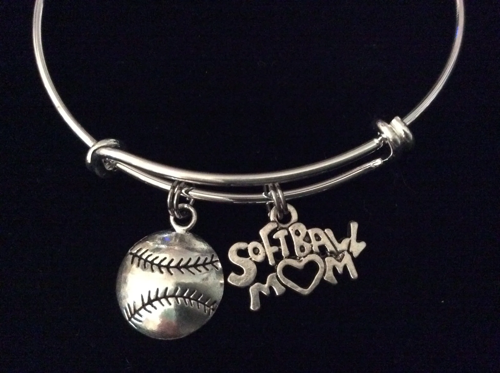Softball Mom on a Silver Expandable Bangle Bracelet Sports Team Coach Gift Adjustable Wire Charm Bangle
