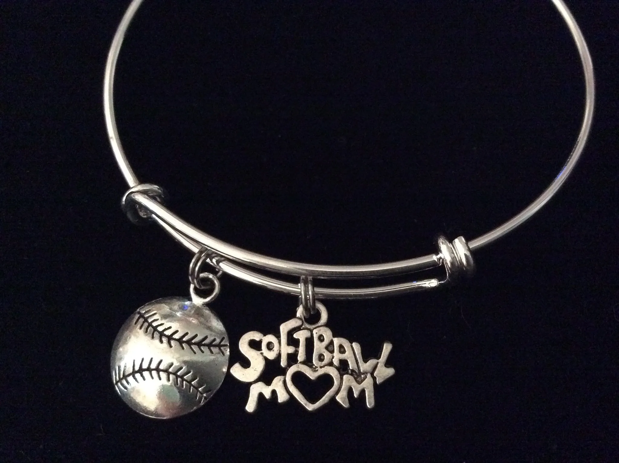 Softball Mom on a Silver Expandable Bangle Bracelet Sports Team Coach Gift Adjustable Wire Charm Bangle