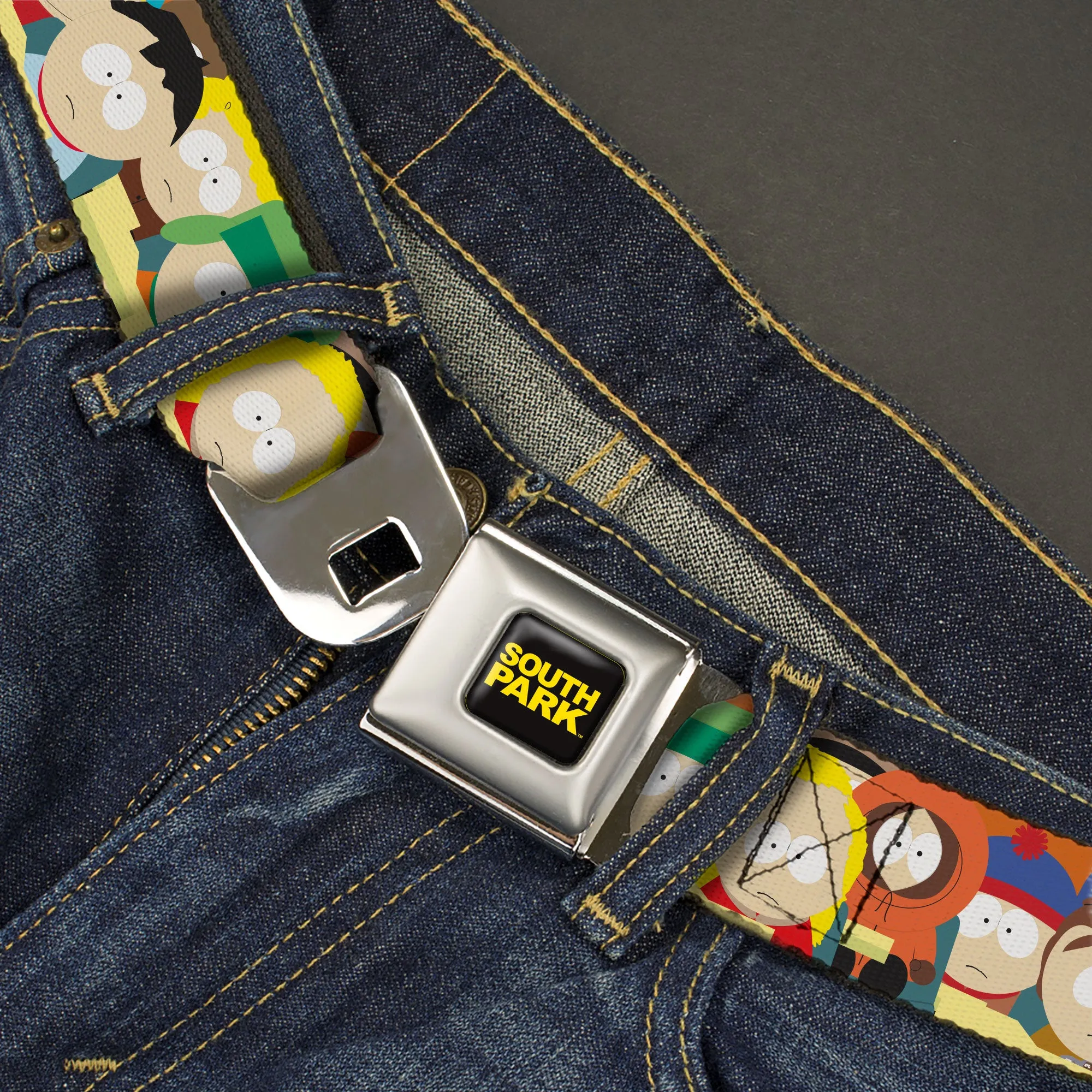 SOUTH PARK Title Logo Full Color Black/Yellow Seatbelt Belt - South Park School Kids Faces Stacked Webbing
