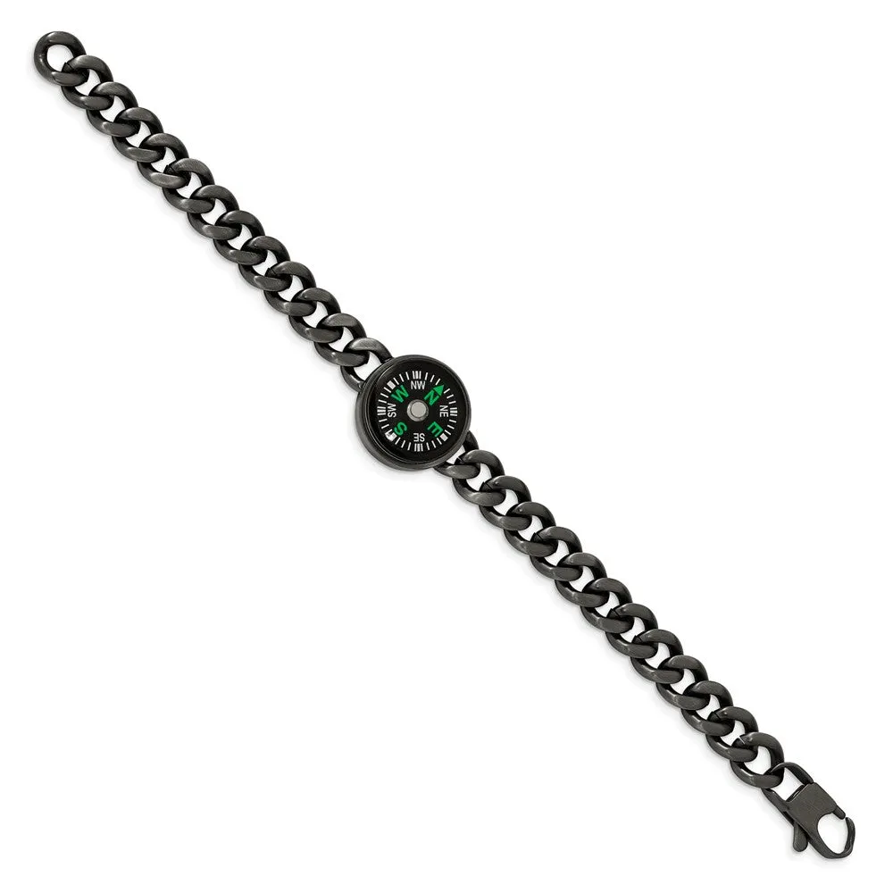 Stainless Steel Brushed Gun Metal IP-plated Compass 8.25in Bracelet