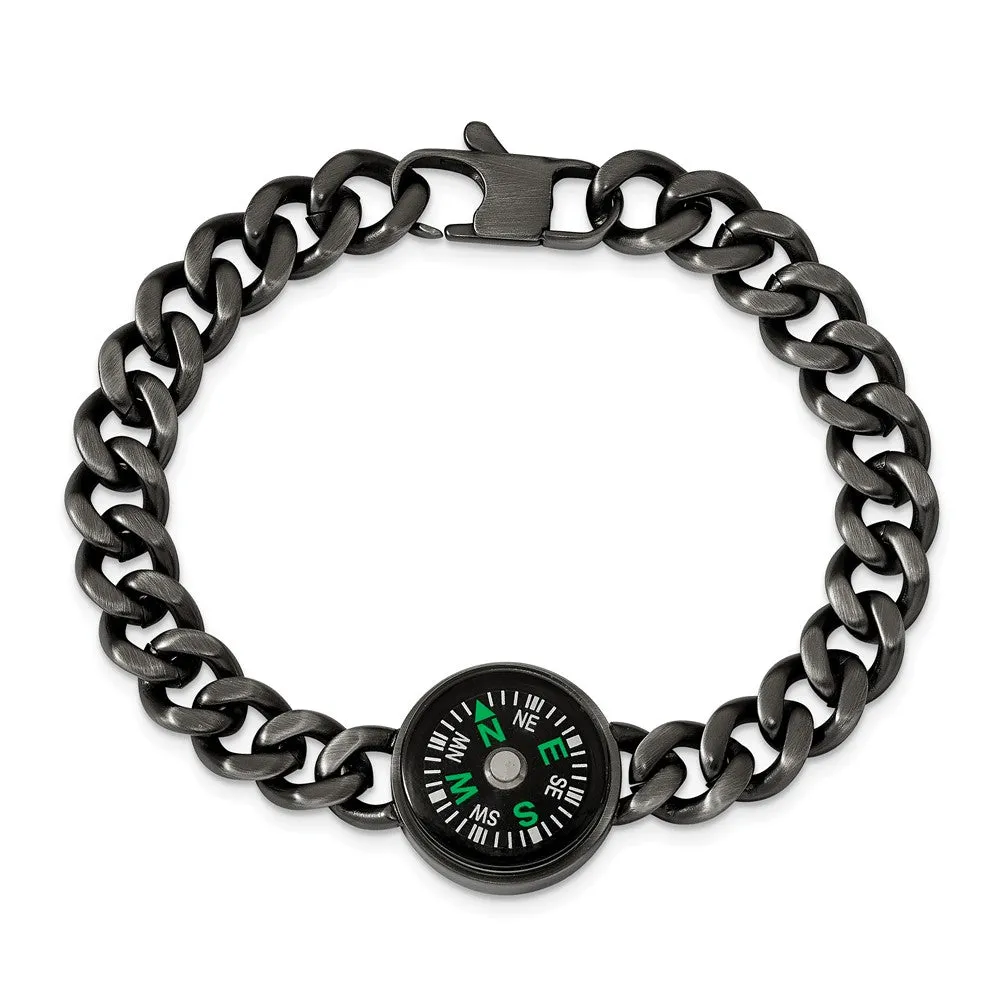 Stainless Steel Brushed Gun Metal IP-plated Compass 8.25in Bracelet