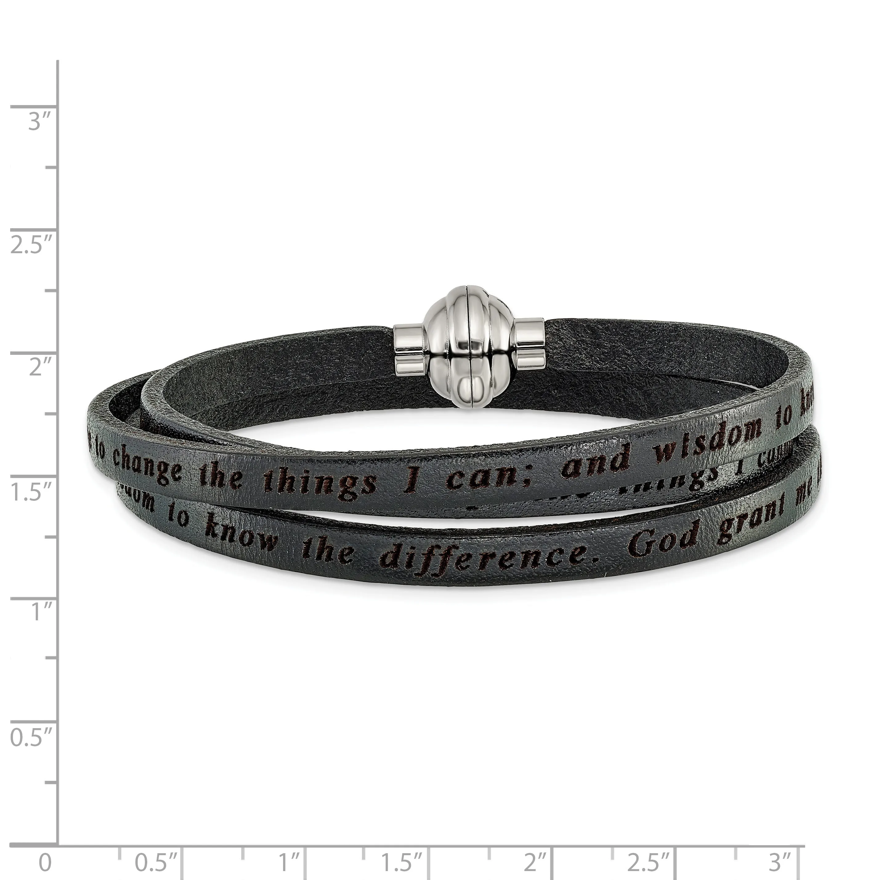 Stainless Steel Lord's Prayer Black Leather Wrap 21 Inch Bracelet