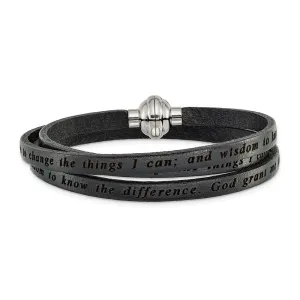 Stainless Steel Lord's Prayer Black Leather Wrap 21 Inch Bracelet