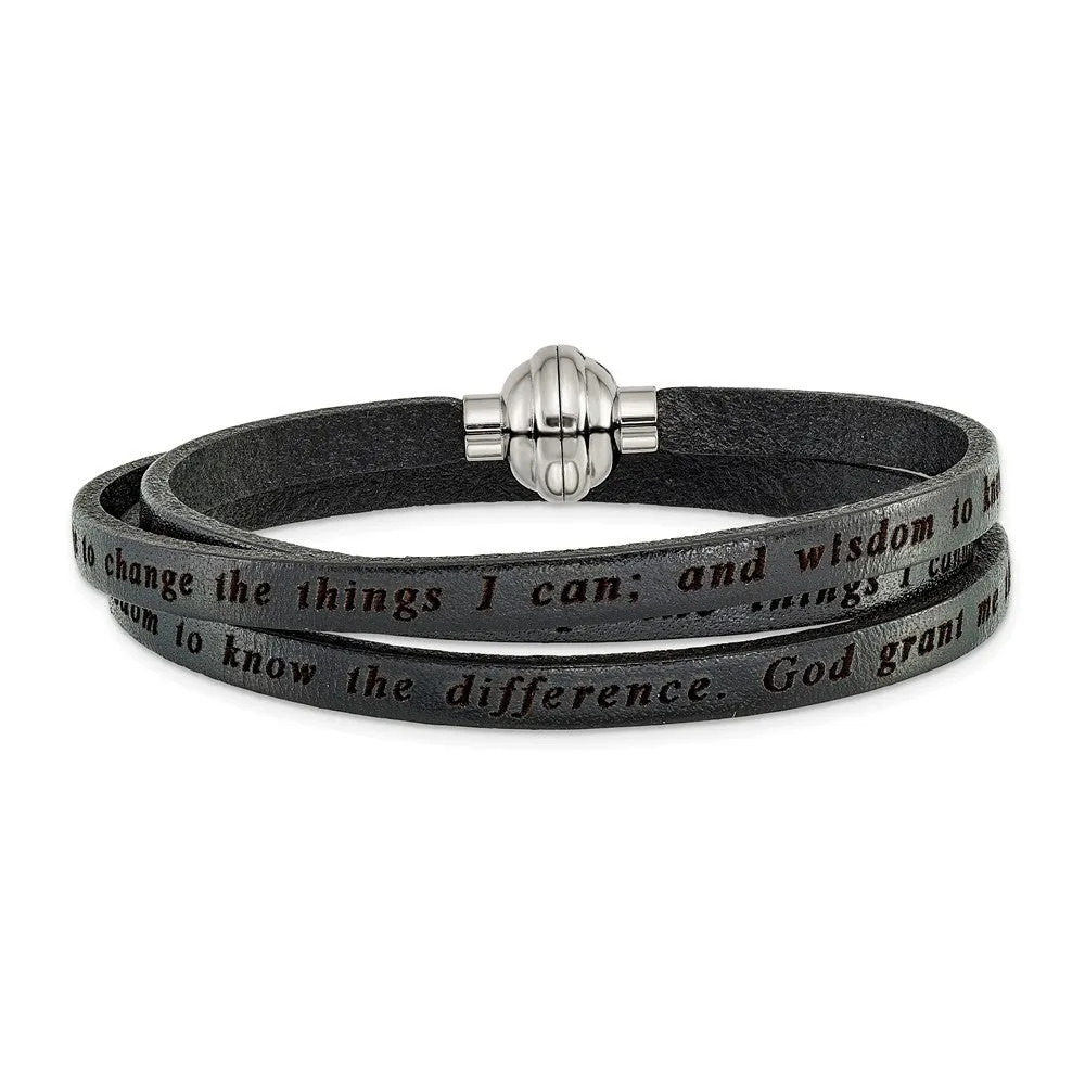 Stainless Steel Lord's Prayer Black Leather Wrap 21 Inch Bracelet